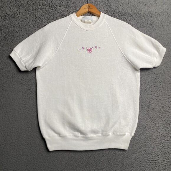 Vintage 80s LEE Raglan Short Sleeve Sweatshirt Womens Medium Embroidered Flowers - Picture 12 of 13
